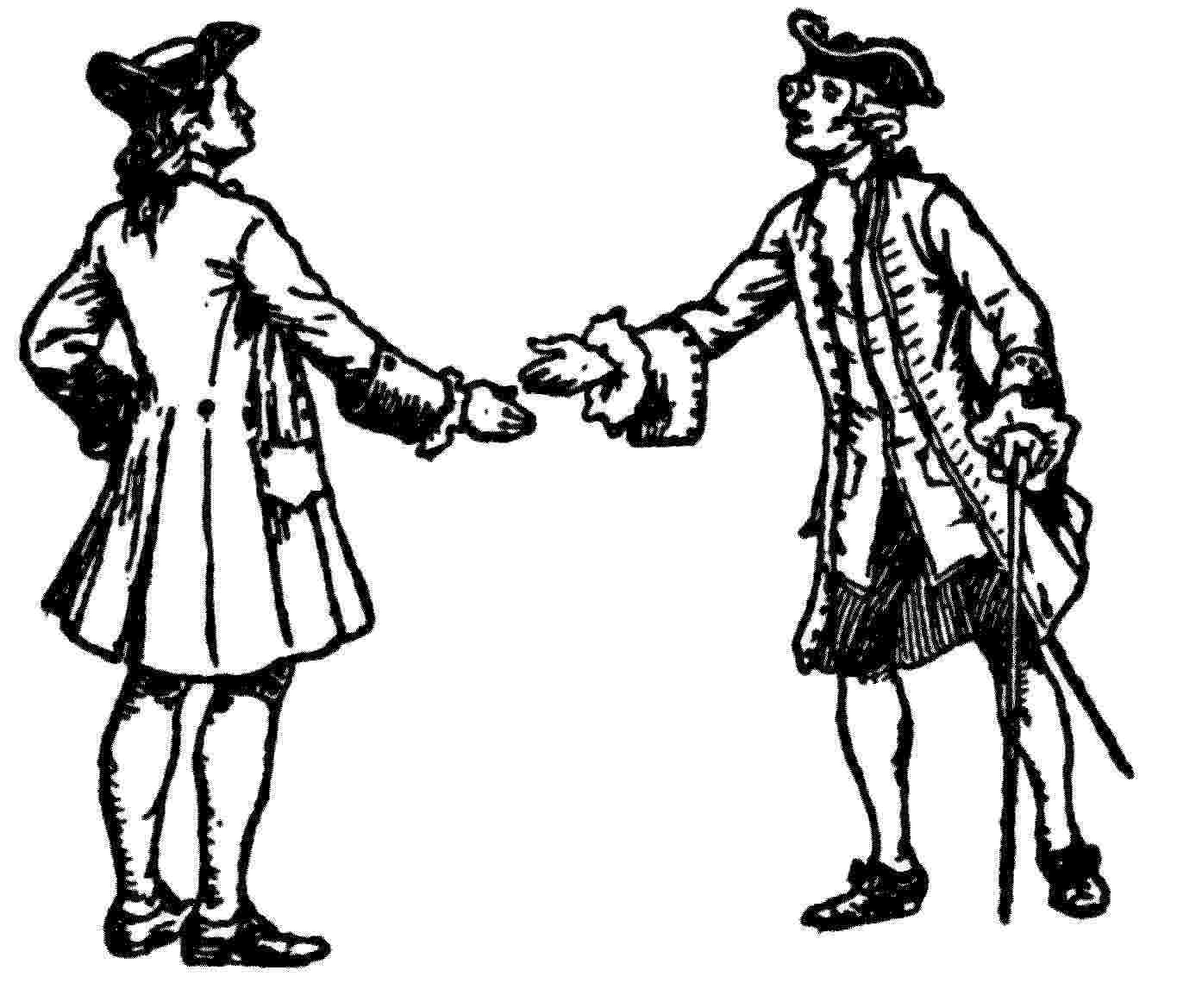 black and white sketches of two men in colonial attire reaching out to shake hands